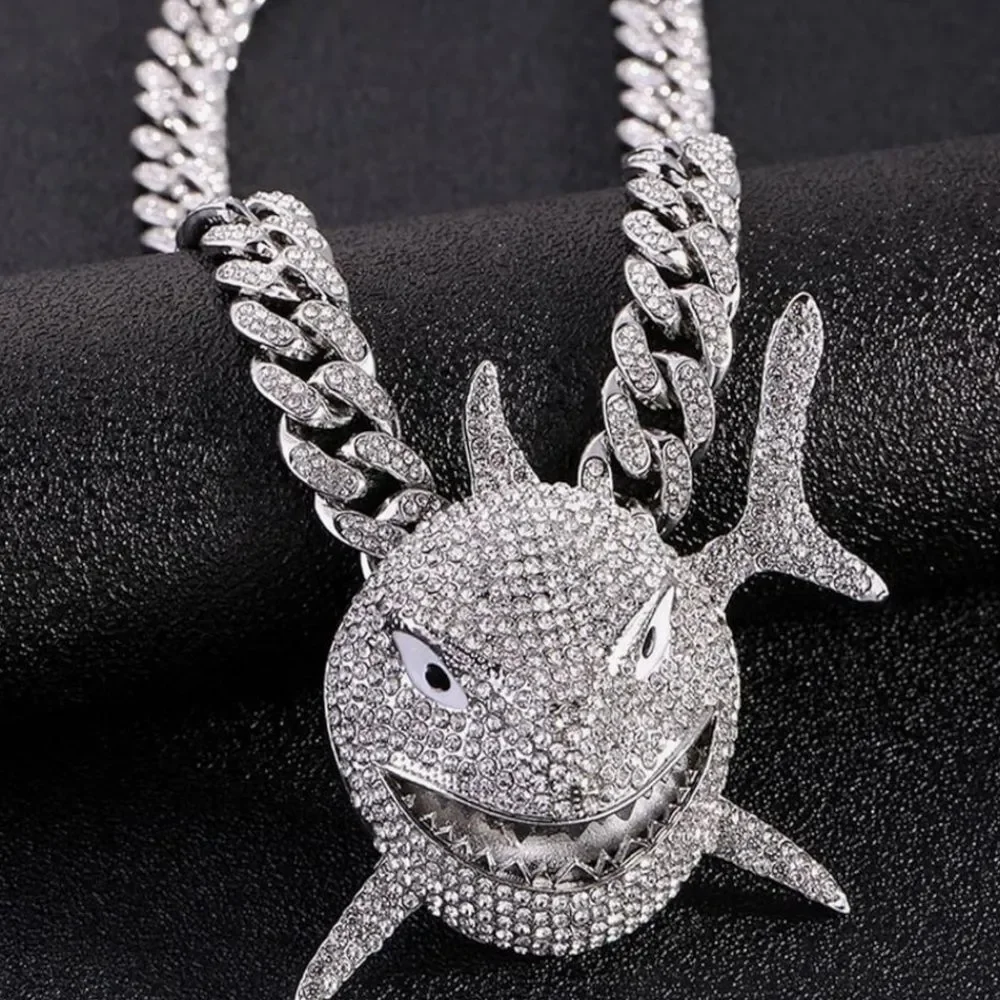 Iced Out Shark Pendant Cuban Link Chain 925 Silver Plated Hip Hop Necklace 20”